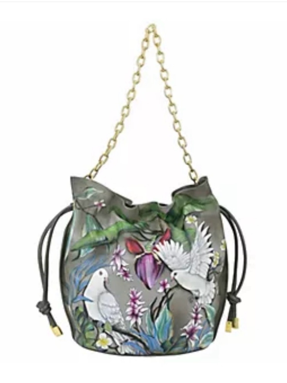 Anuschka Painted Leather Drawstring Bucket Bag $278 Wings Of Peace Bucket Bag